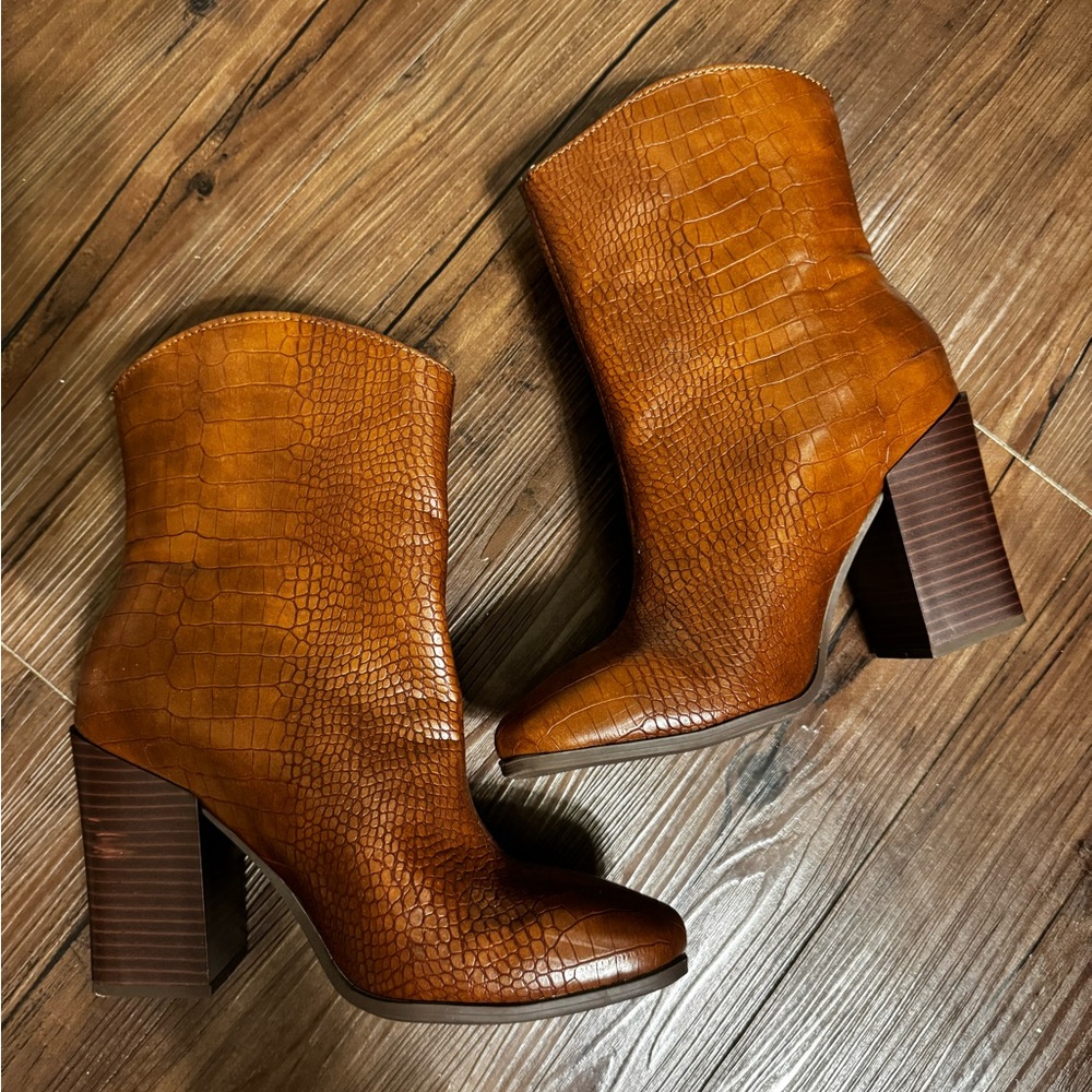 Brown Croc-Embossed Ankle Boots